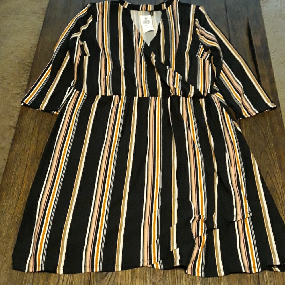 Planet Gold striped faux wrap dress with neck band